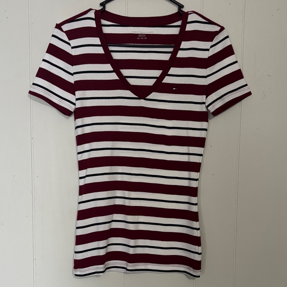 Tommy Hilfiger Maroon and White Striped Tee